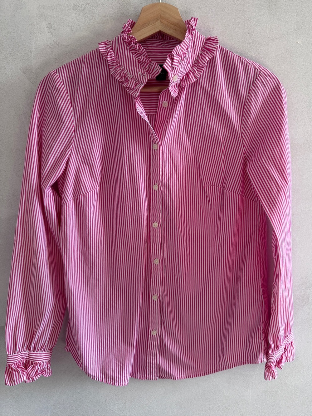 J. Crew - Pink and White Striped Button-Up Blouse with Ruffle Details